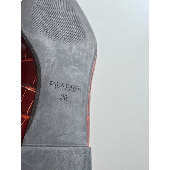 ZARA Chocolate Brown Croc Embossed Faux Leather Slipper Loafers, Size 36 - Picture 12 of 14